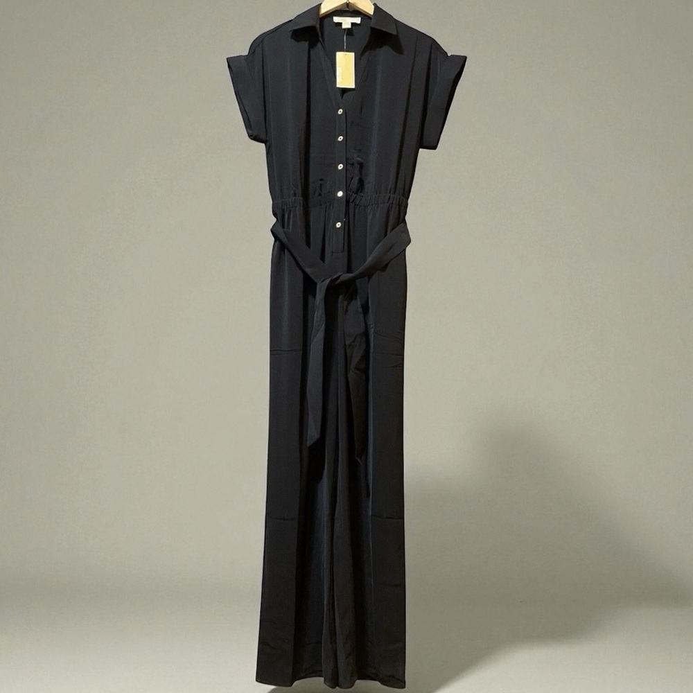NWT Michael Kors Black Jumpsuit belted button front cuffed short sleeve XL $155